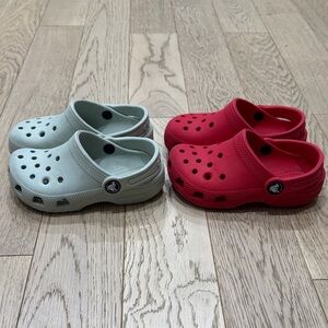 Lot of 2 CROCS Kids Classic Clogs - Red and Light Grayish Green